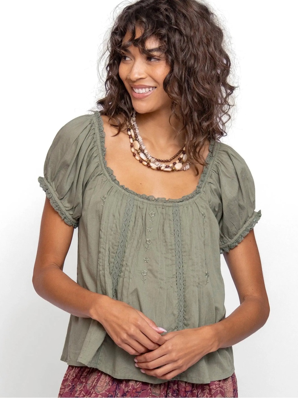 Natural Life Sweet Nothings Embroidered Cotton Top - Sage NWT